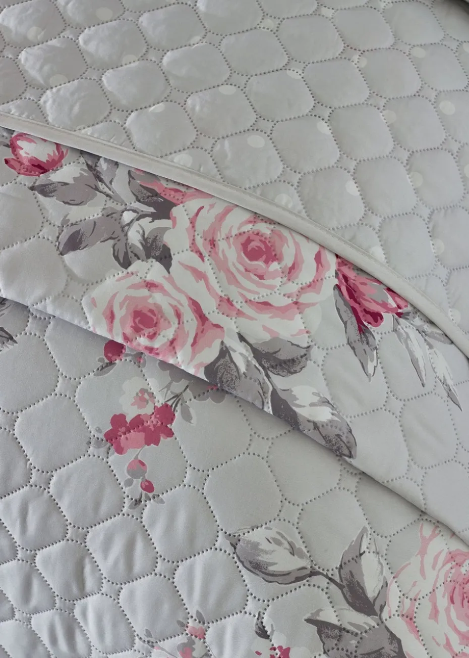 Catherine Lansfield Grey Canterbury Floral Reversible Quilted Bedspread