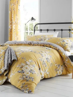 Catherine Lansfield Ochre Yellow Canterbury Floral Lined Eyelet Curtains Two Panels