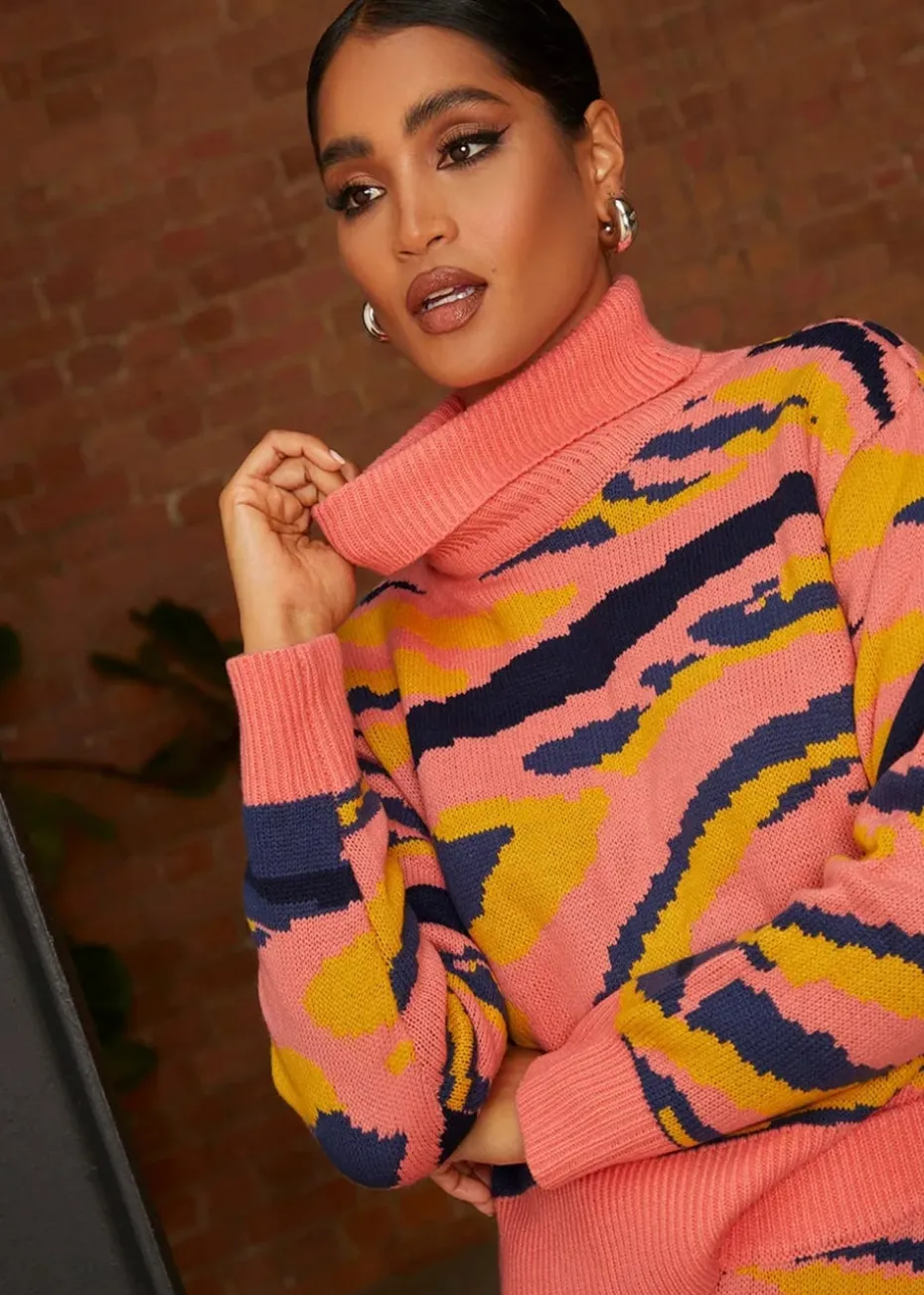 Chi Chi London Abstract Stripe Roll Neck Jumper