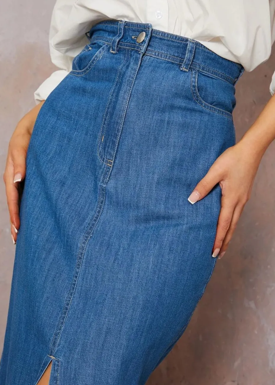 Chi Chi London Blue Split Hem Demin Maxi Skirt