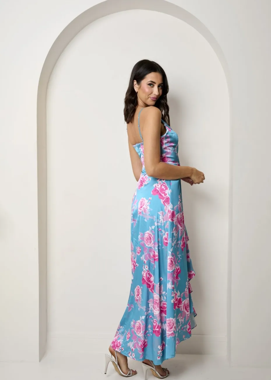 Chi Chi London Green Cami Floral Wrap Midi Dip Hem Dress