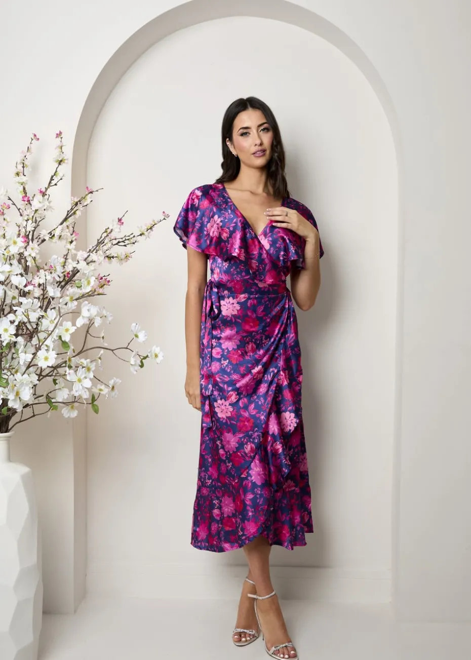 Chi Chi London Multi V Neck Floral Wrap Midi Dress