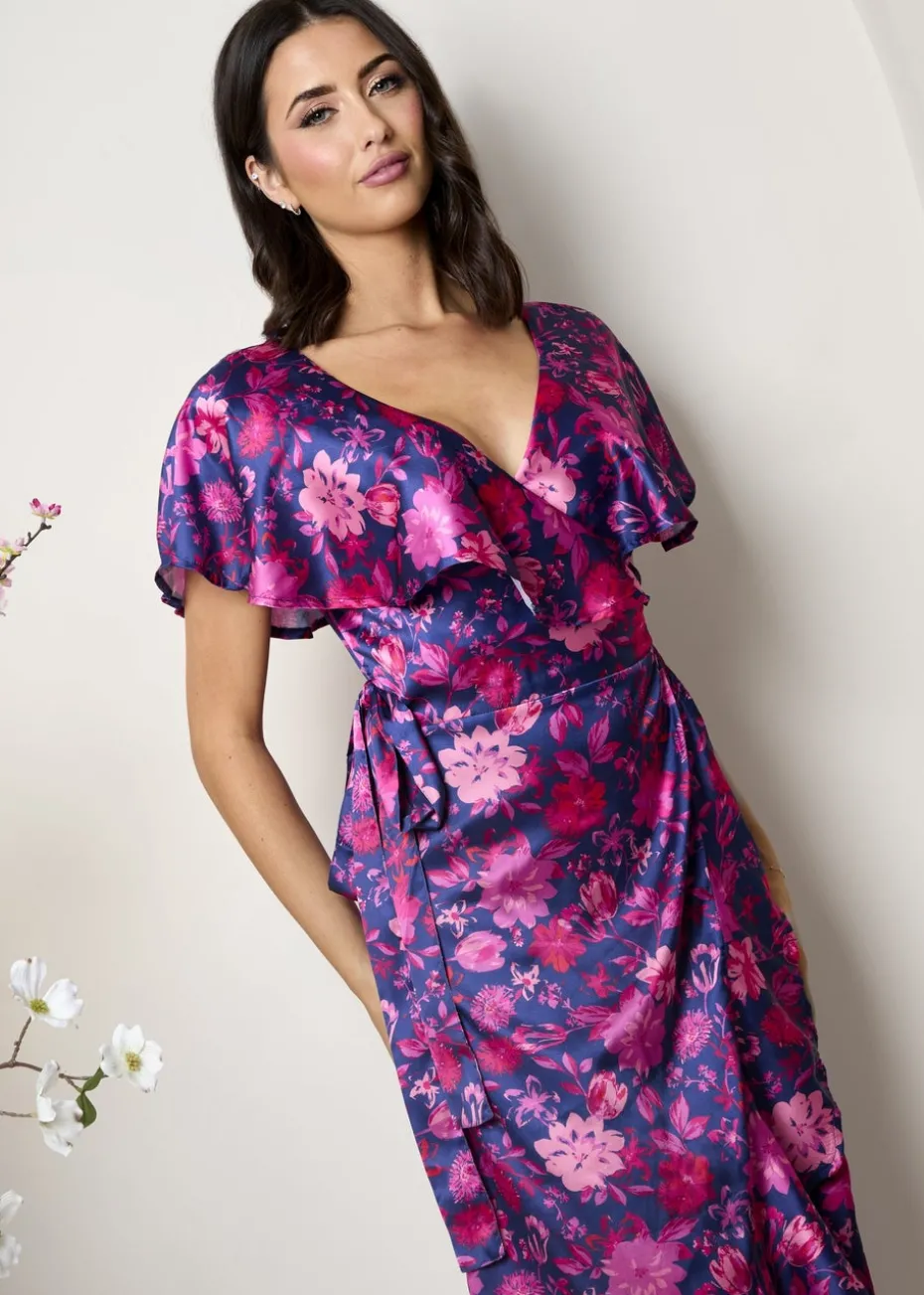 Chi Chi London Multi V Neck Floral Wrap Midi Dress