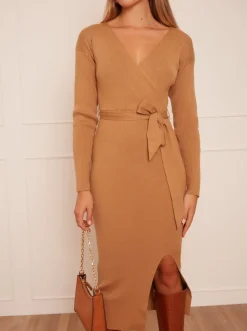 Chi Chi London  Natural Wrap Split Side Knitted Midi Dress