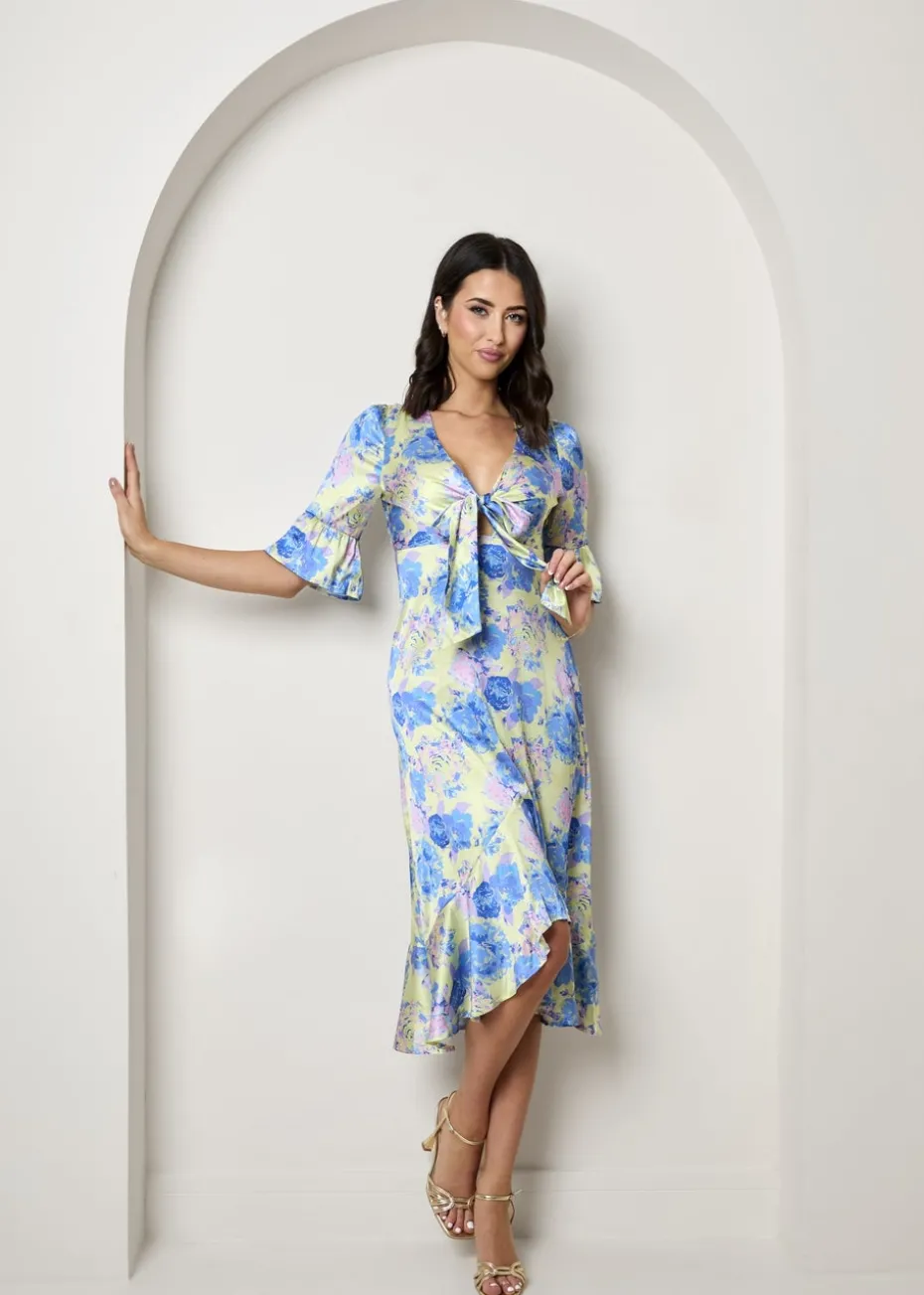 Chi Chi London Yellow Short Sleeve Tie Front Floral Midi Dress