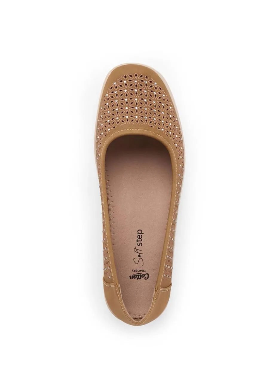 Cotton Traders Chestnut Jewelled Laser Cut Shoes