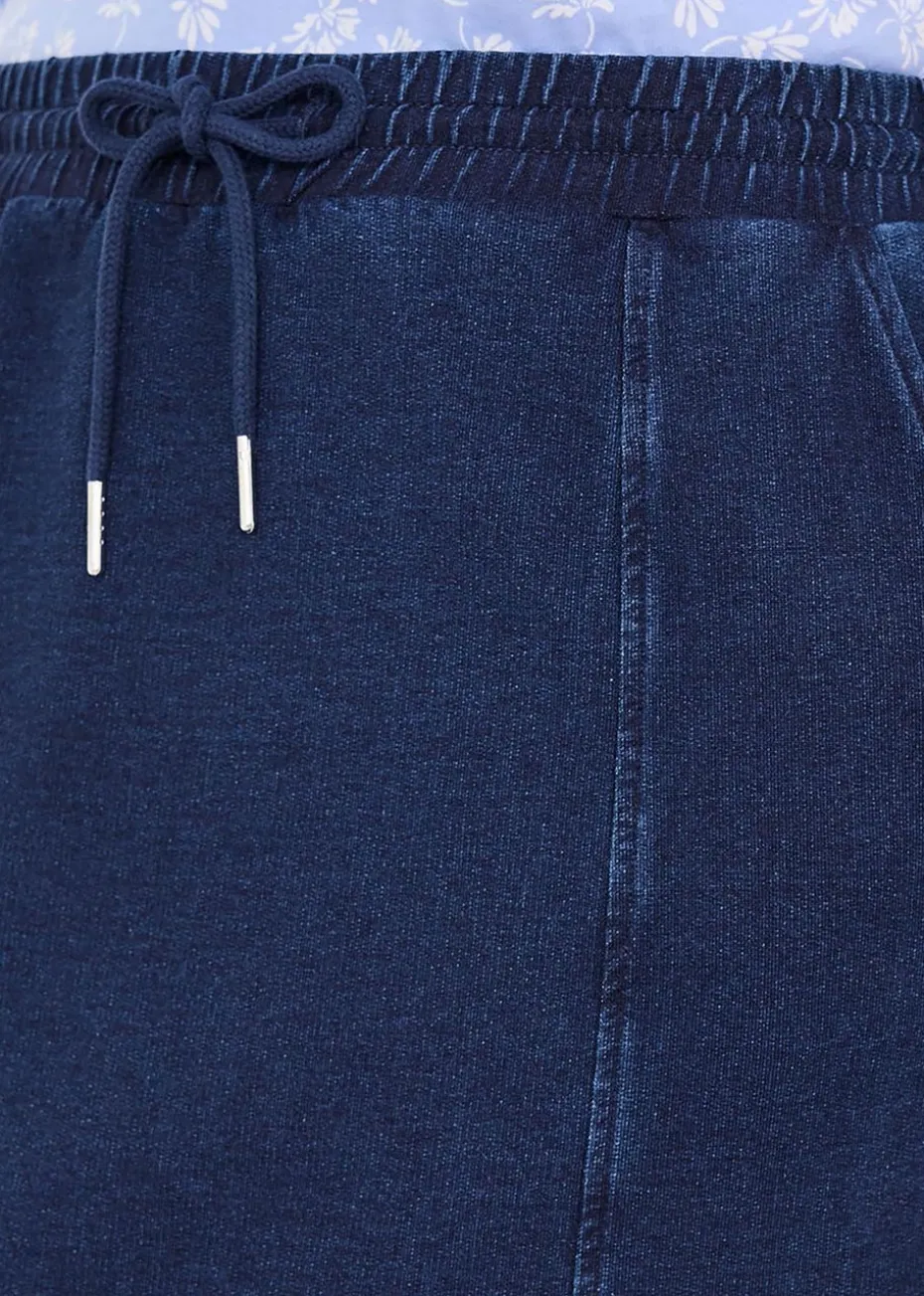 Cotton Traders Dark Blue Jersey Denim Pull-On Knee-Length Skirt