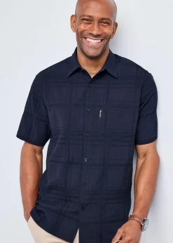 Cotton Traders Dark Blue Guinness Short Sleeve Textured Check Shirt