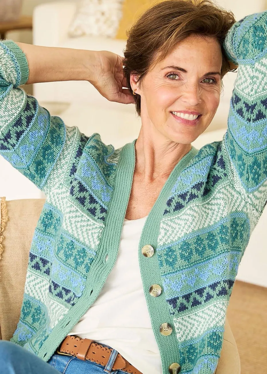 Cotton Traders Dusty Jade Fair Isle Button Cardigan