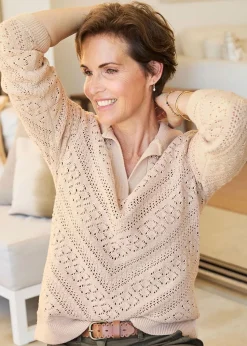 Cotton Traders Ecru Collared Pointelle Jumper
