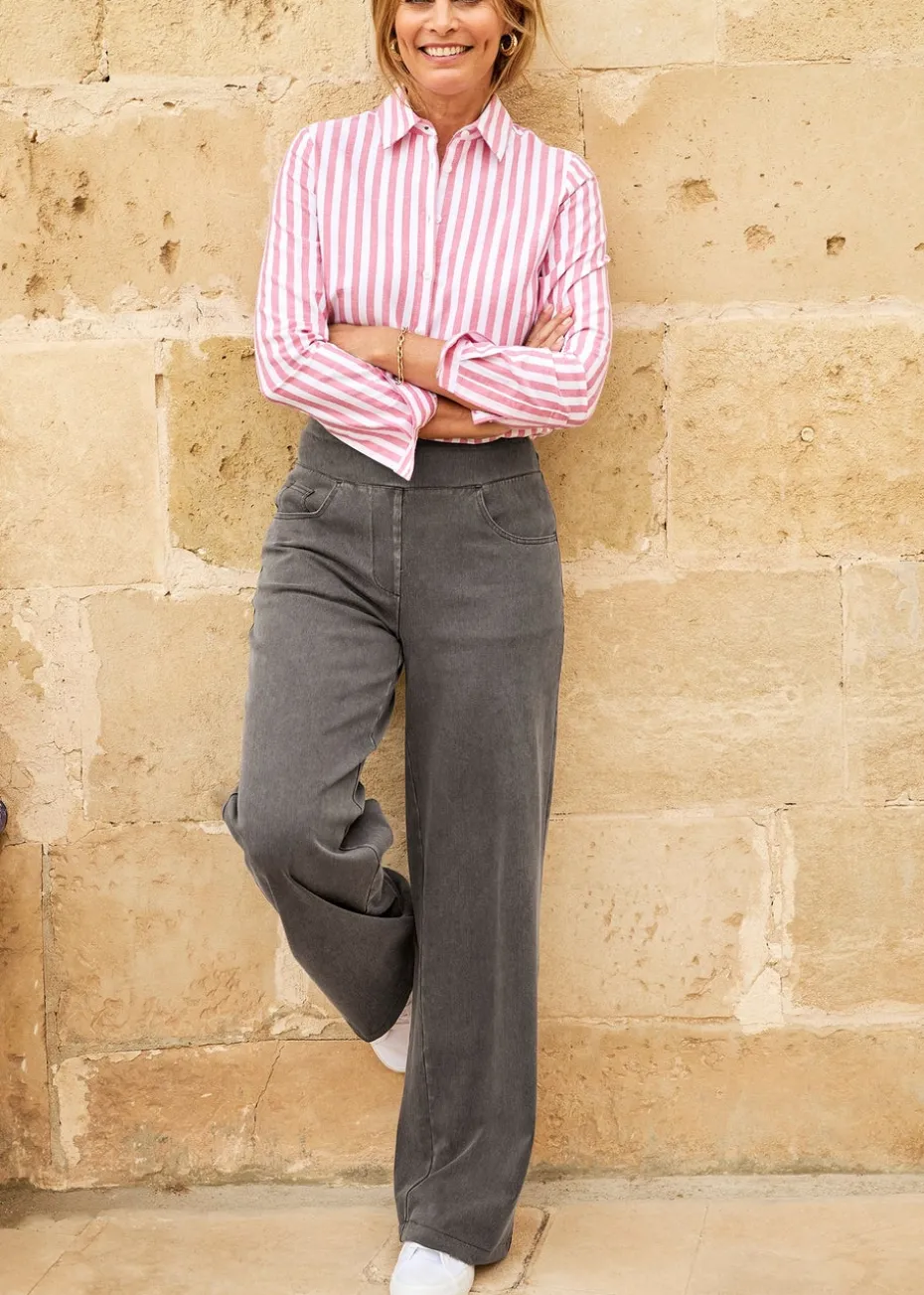 Cotton Traders Grey Stretch Jersey Denim Wide-Leg Pull-On Trousers