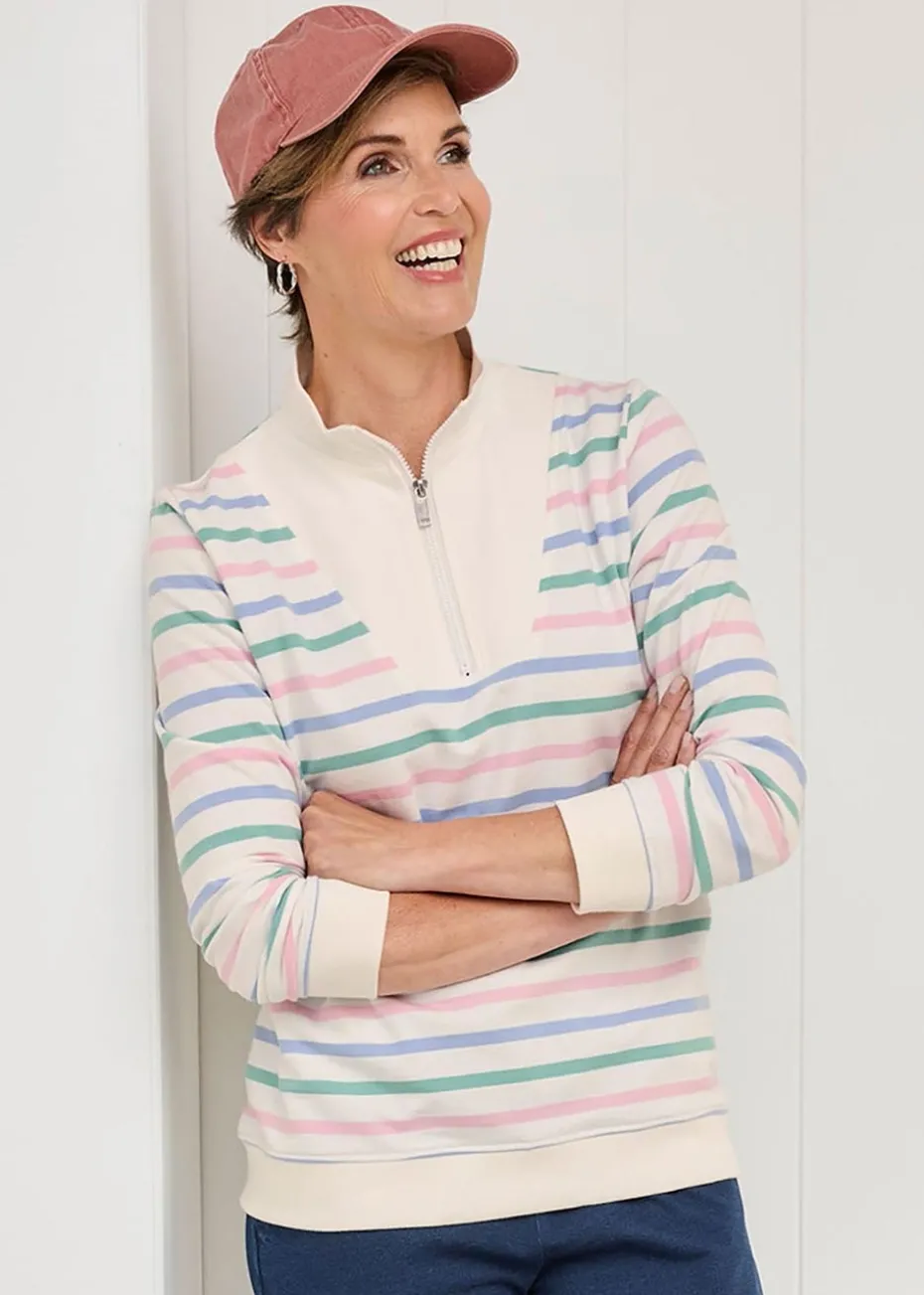 Cotton Traders Ivory Stripe Zip-Neck Sweatshirt