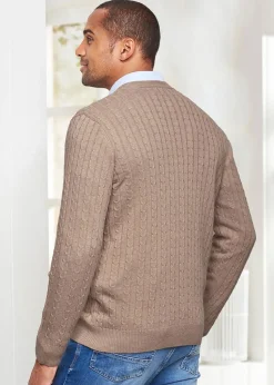Cotton Traders Linen Cotton V-Neck Cable Jumper
