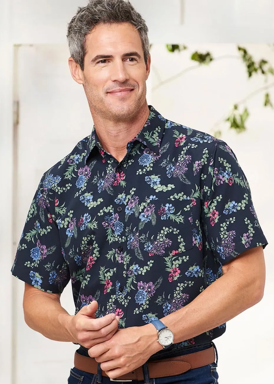 Cotton Traders Midnight Blue Short Sleeve Soft Touch Print Shirt
