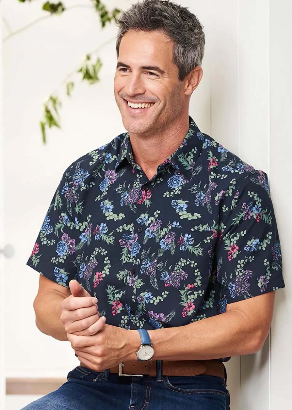 Cotton Traders Midnight Blue Short Sleeve Soft Touch Print Shirt
