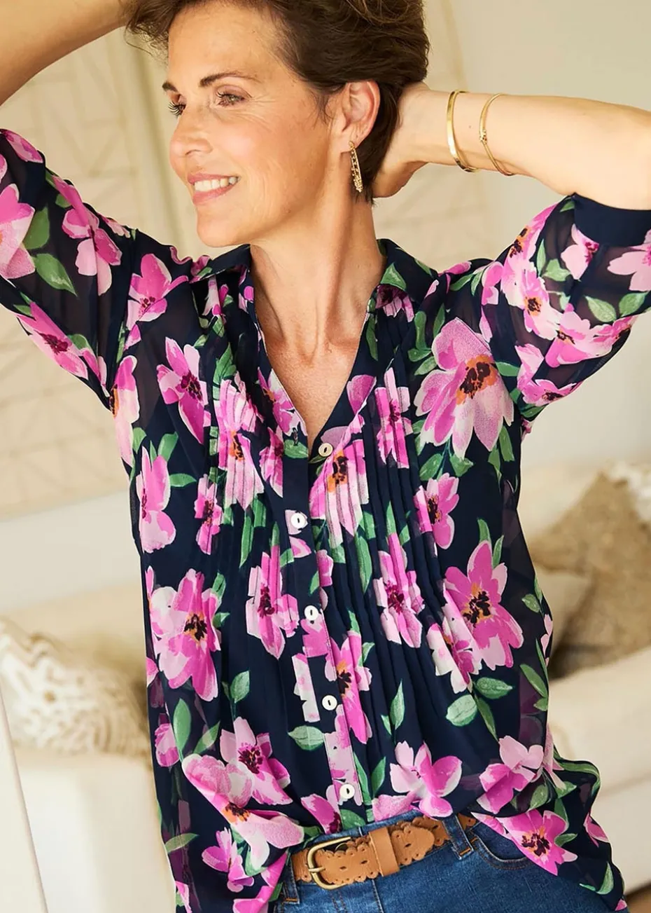 Cotton Traders Navy Pintuck Chiffon Blouse & Cami