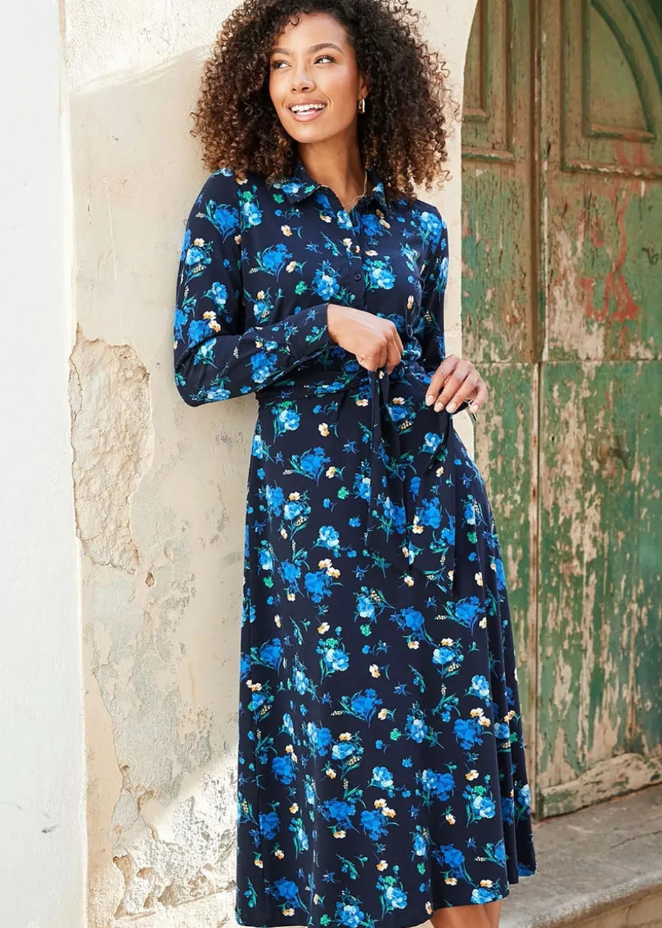 Cotton Traders Navy Print Jersey Midi Shirt Dress