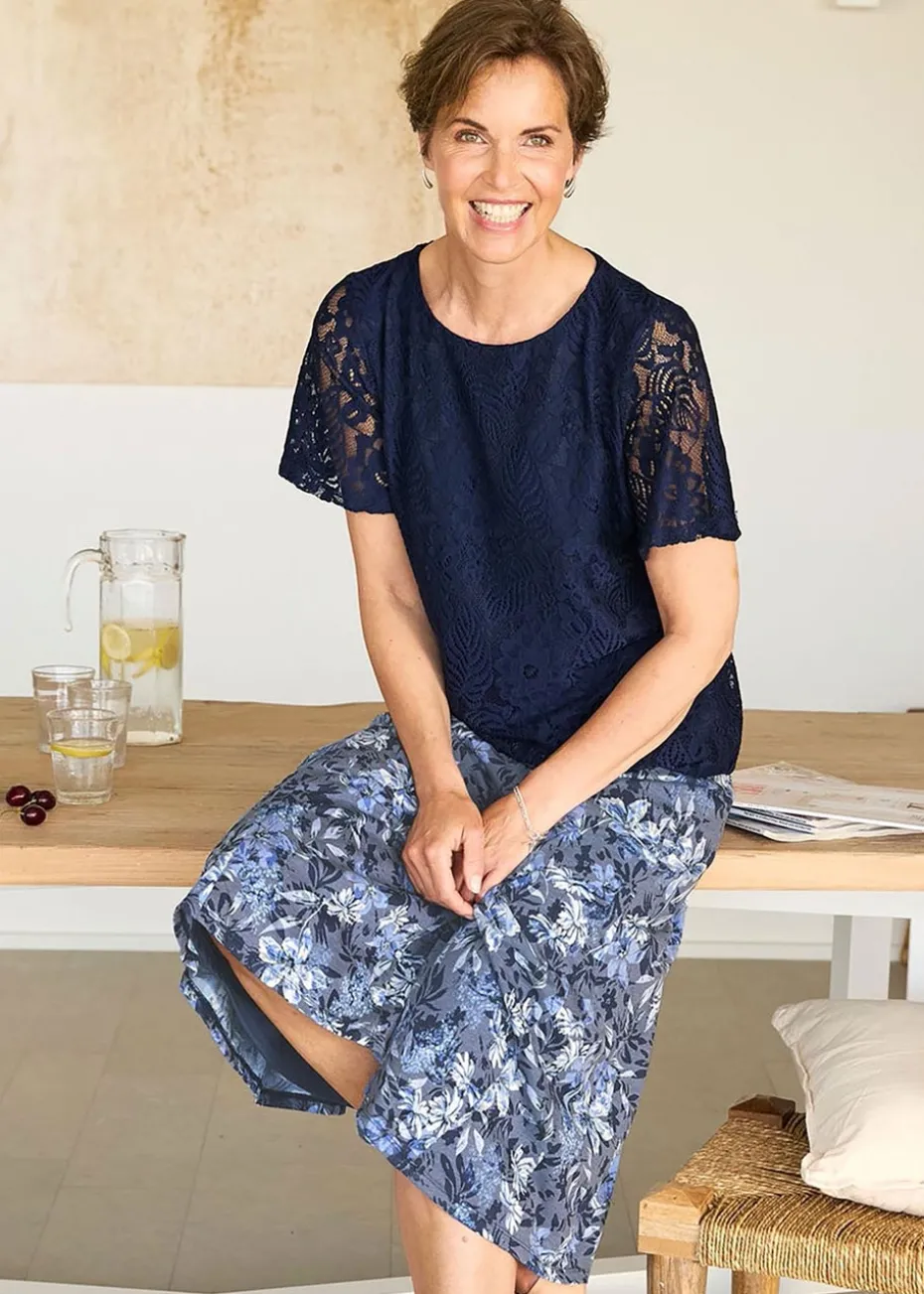 Cotton Traders Navy Stretch Lace Jersey Top