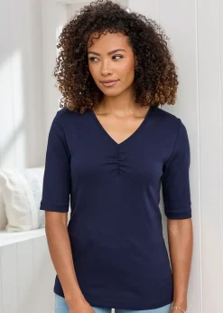 Cotton Traders Navy Wrinkle Free Ruched V-Neck Top