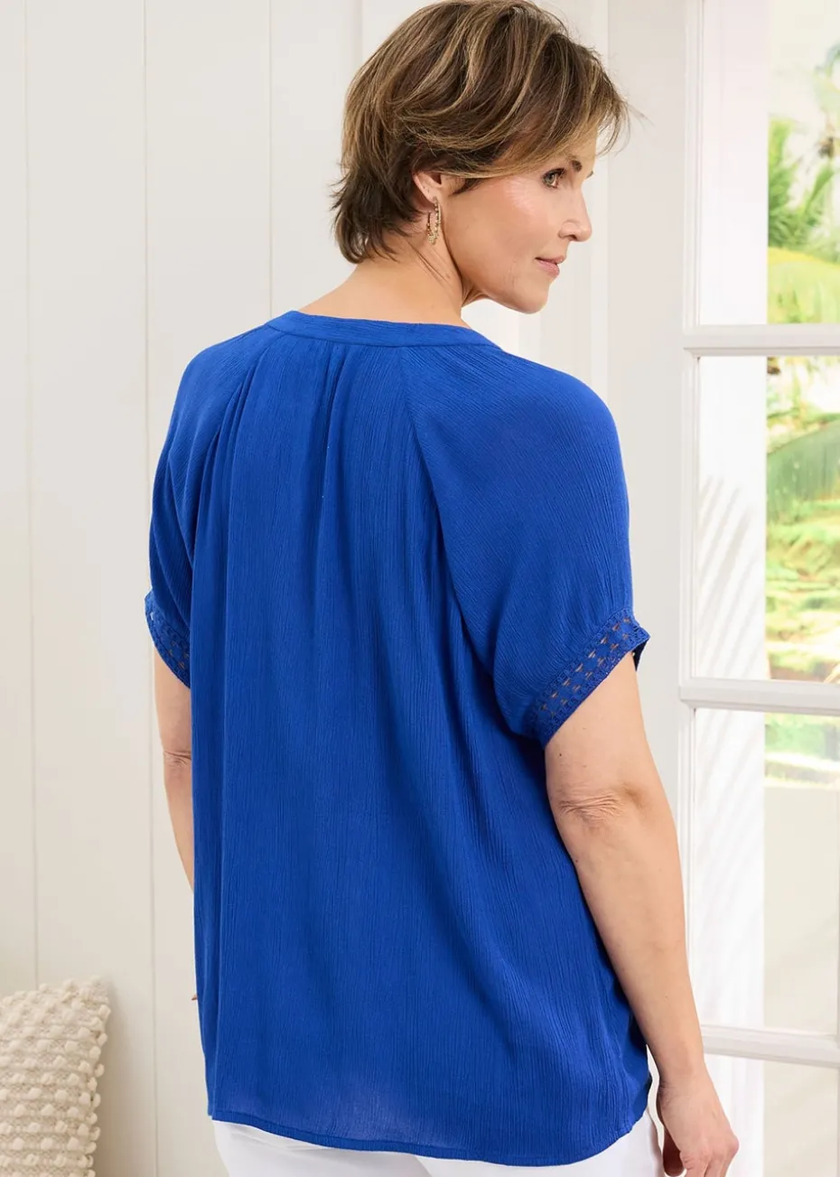 Cotton Traders Pale Blue Floral Embroidered Crinkle Top