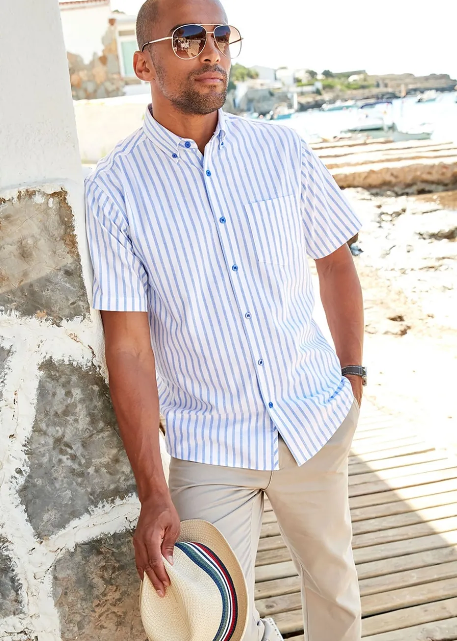 Cotton Traders Soft Blue Short Sleeve Patterned Oxford Shirt