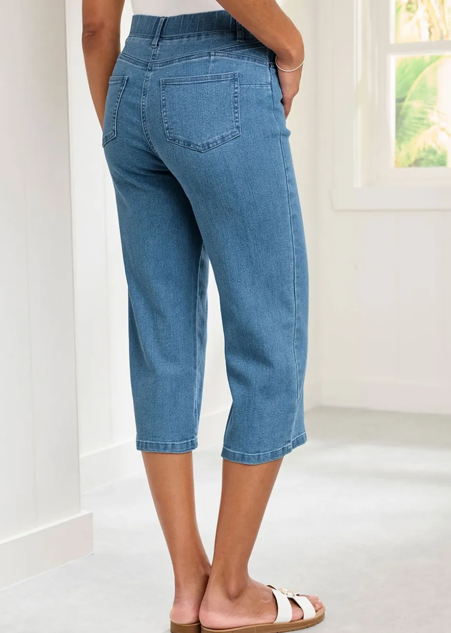 Cotton Traders Washed Blue Stretch Crop Denim Trousers