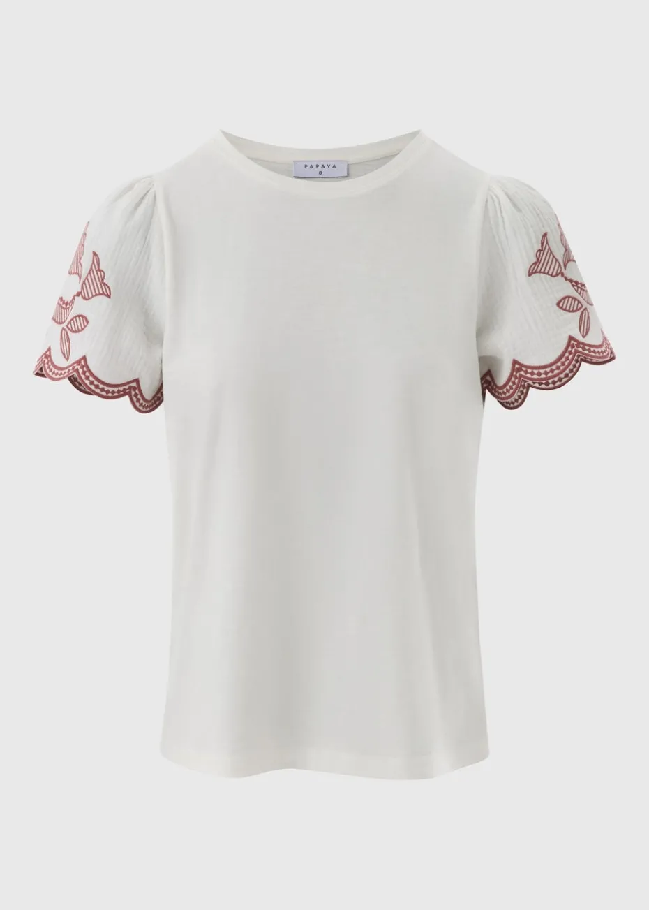 Cream Embellished Sleeve T-Shirt
