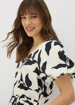 Cream Monochrome Leaf Puff Sleeve Midi Tea Dress