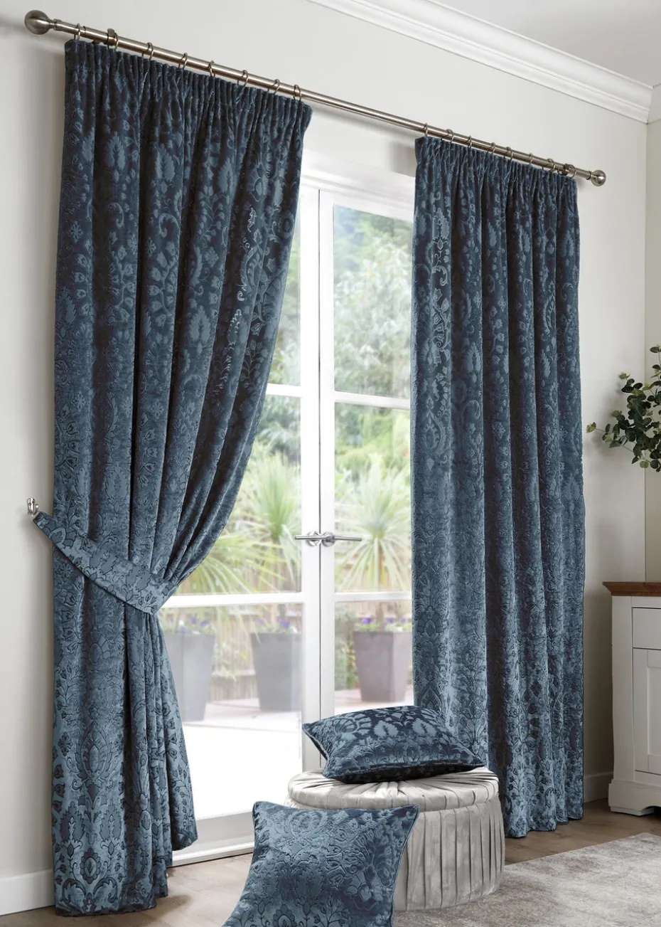 Curtina Trinity Jacquard Blue Pencil Pleat Curtains