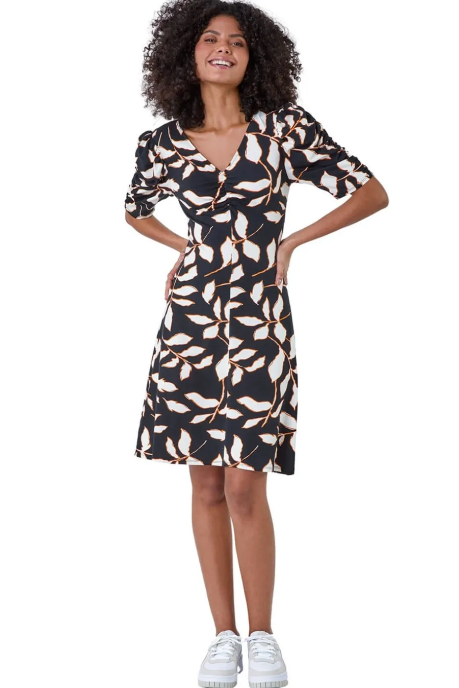 Dusk Black Ditsy Leaf Ruched Puff Sleeve Dress