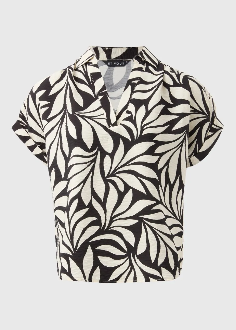 Et Vous Black Mono Palm Airflow Collared V-Neck Blouse