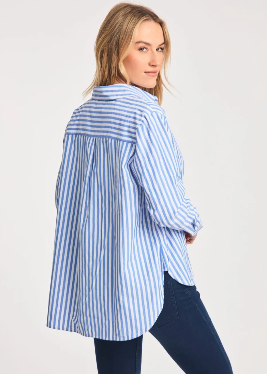 French Connection Blue Relaxed-Fit Striped Popover High-Low Hem Shirt