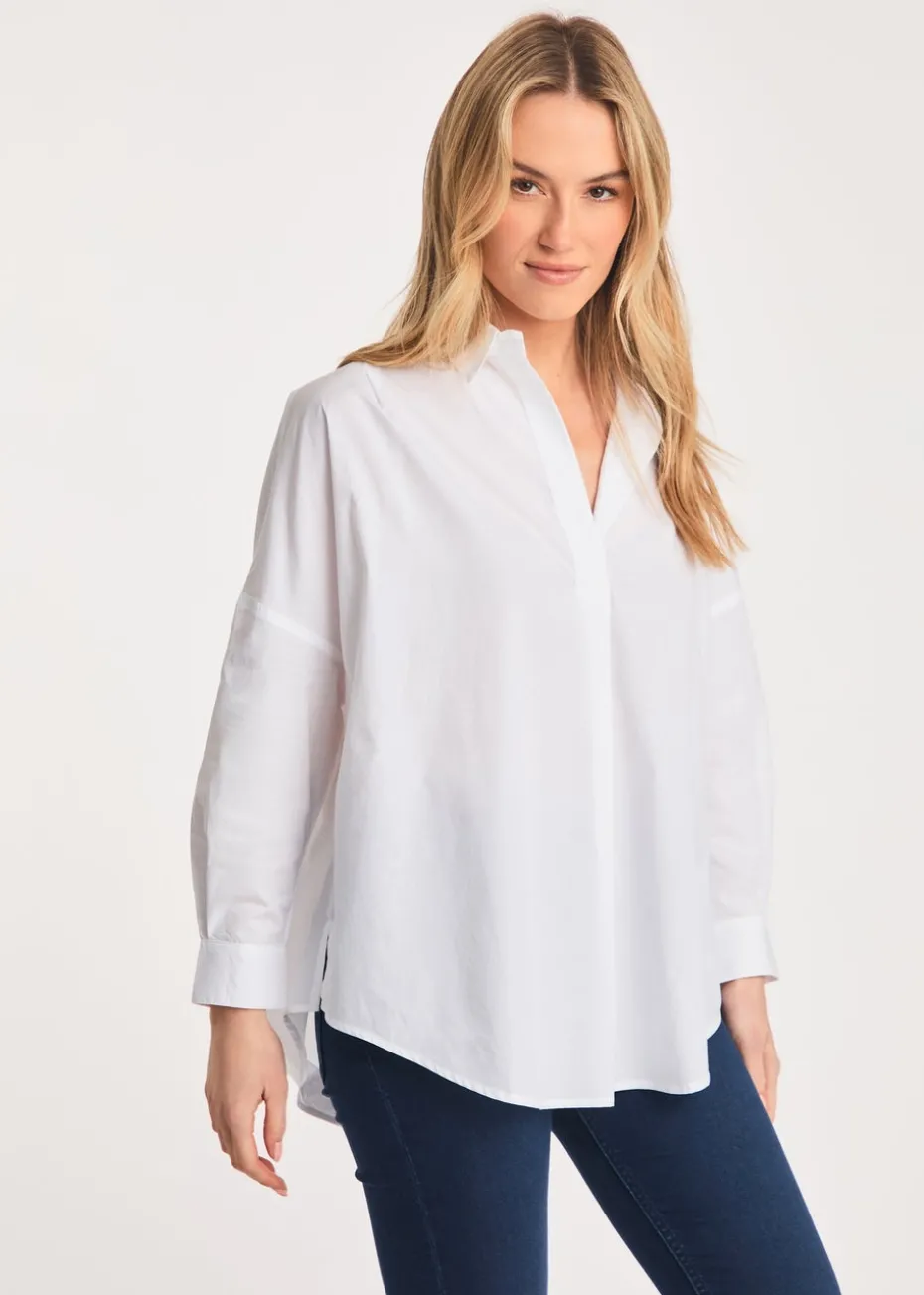 French Connection White Cotton Long Sleeve Poplin Popover High-Low Hem Shirt