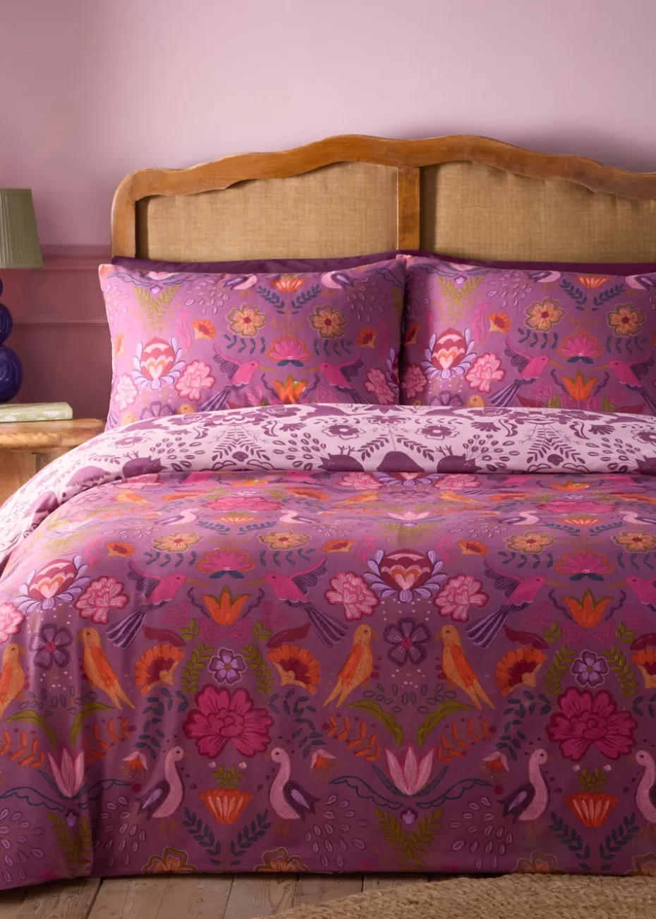 furn. Purple Broderie Floral Reversible Duvet Cover Set