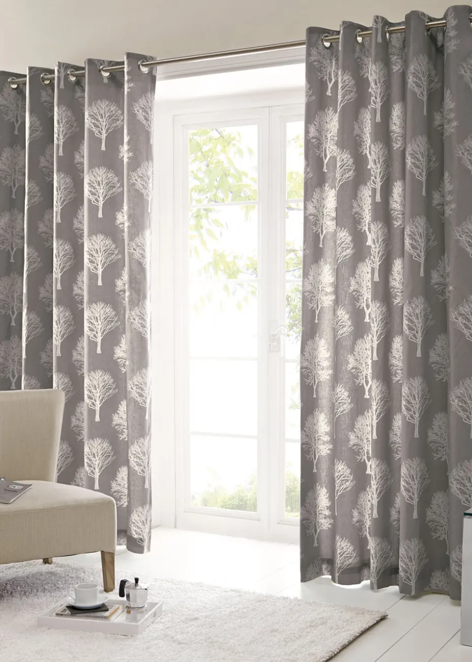 Fusion Woodland Trees Grey Eyelet Curtains
