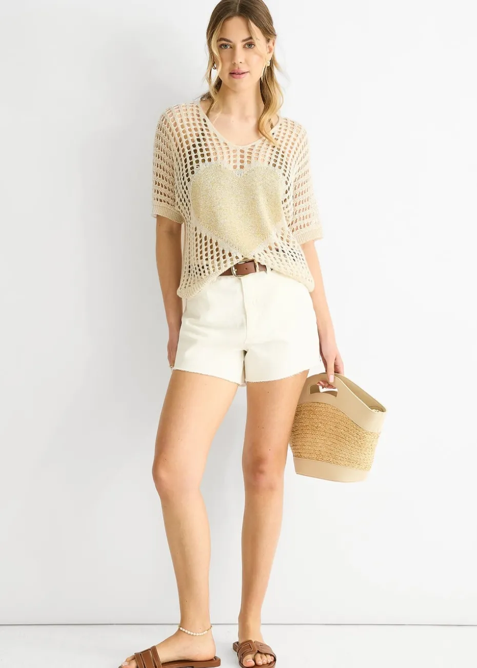 Gini London Beige Fish Net Heart Pattern Crochet Top