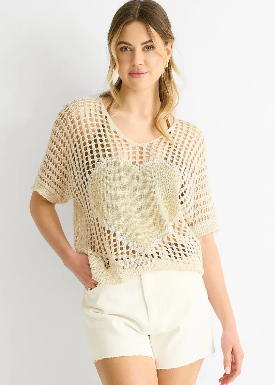 Gini London Beige Fish Net Heart Pattern Crochet Top