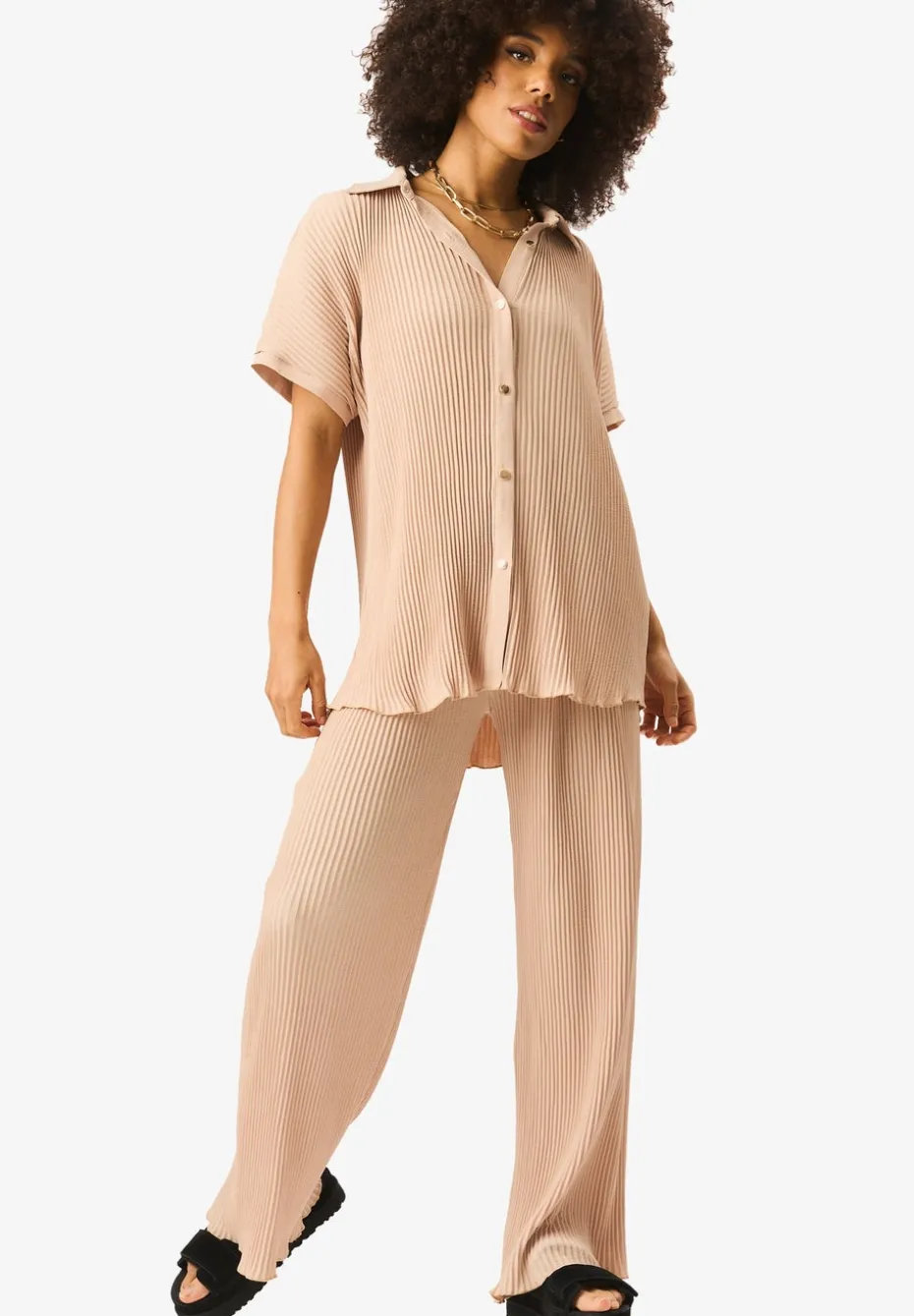 Gini London Beige Plisse Short Sleeve Oversized Shirt