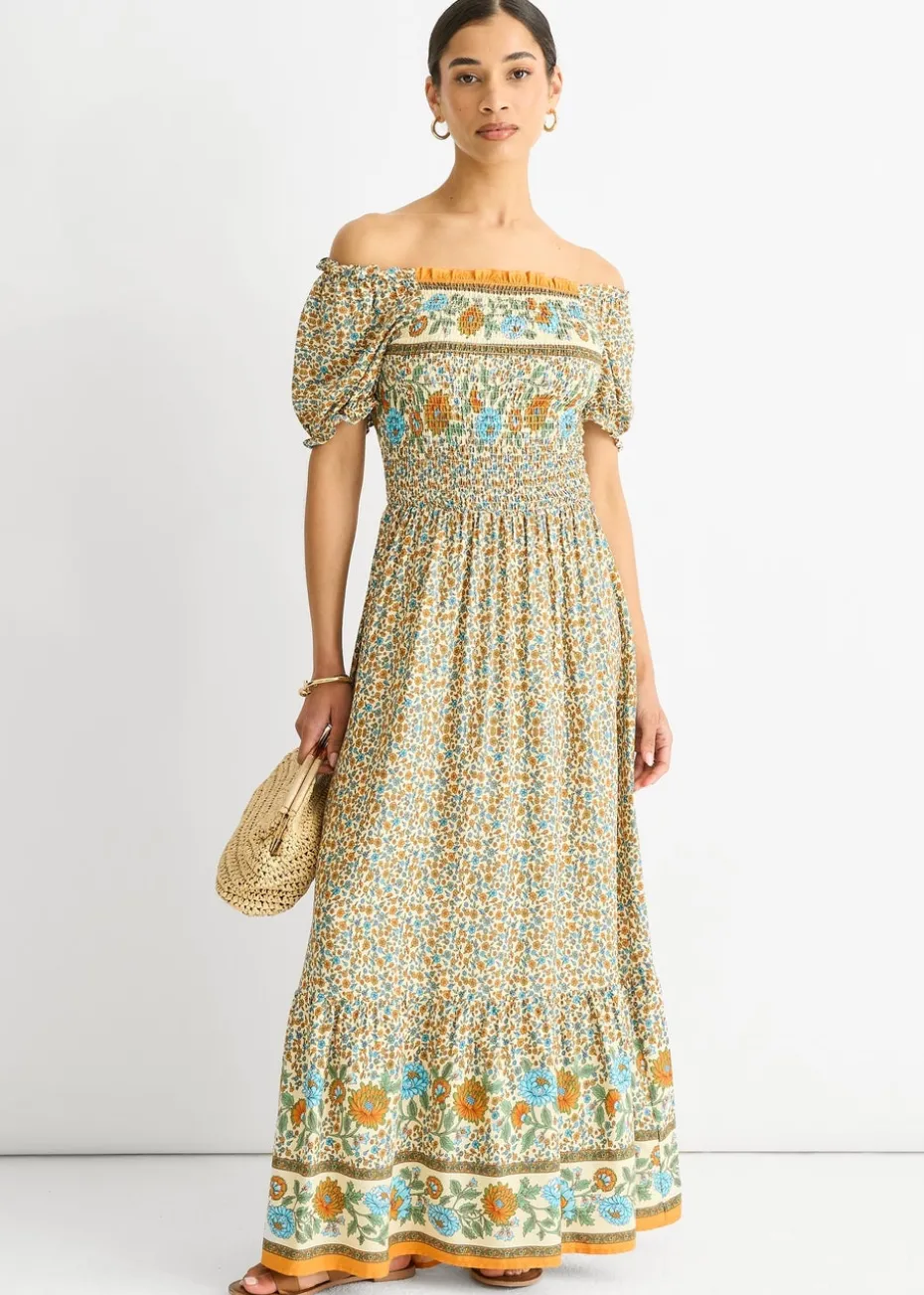 Gini London Beige Viscose Border Print Shirred Maxi Dress
