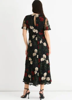 Gini London Black Angel Sleeves Embroidered Occasion Midi Dress