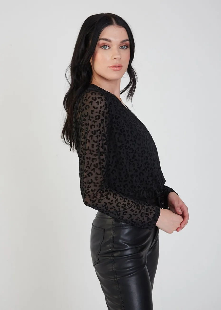 Gini London Black Animal Pattern Burnout Long sleeve Bodysuit