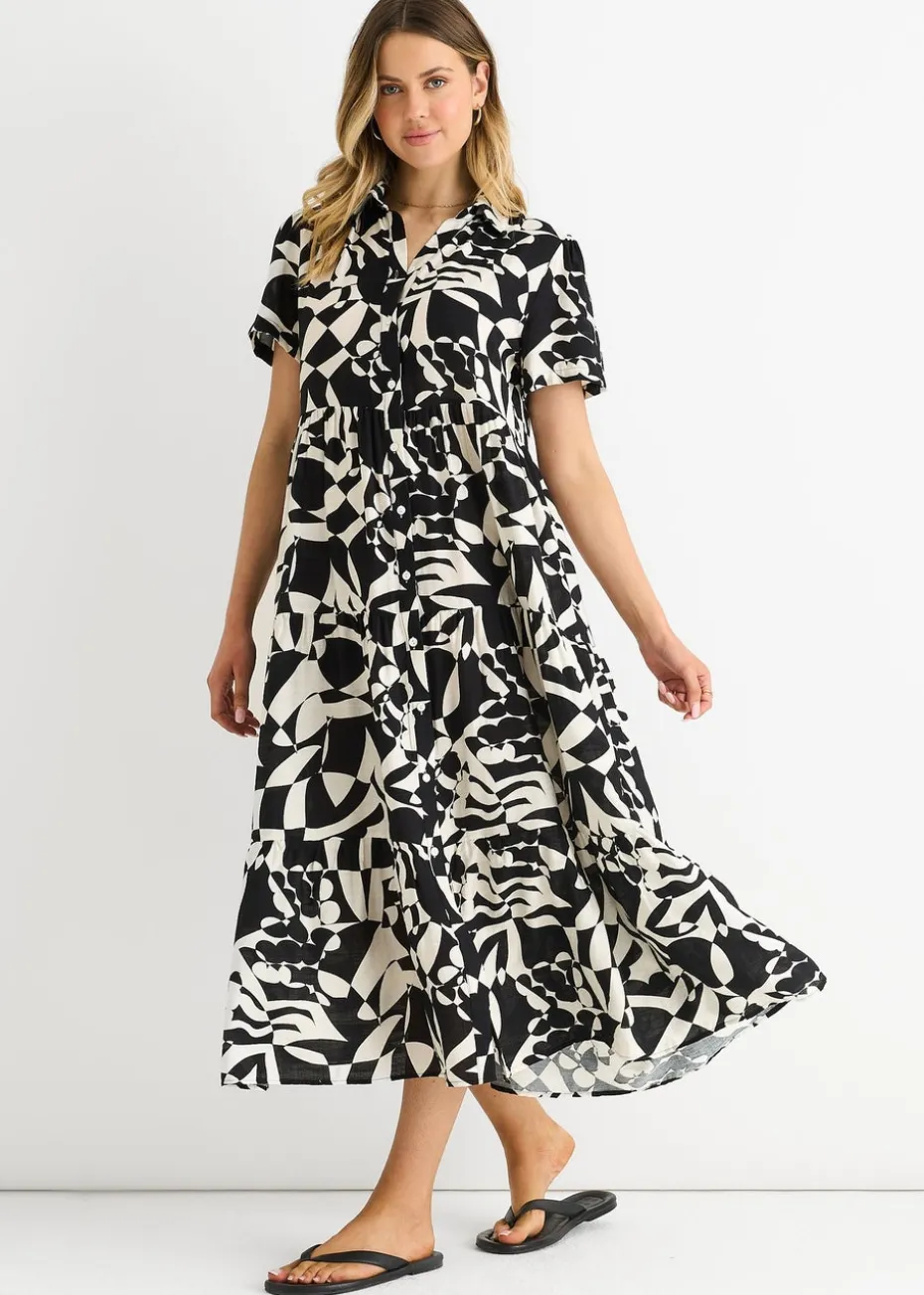 Gini London Black Aztec Print Oversized Smock Midi Dress