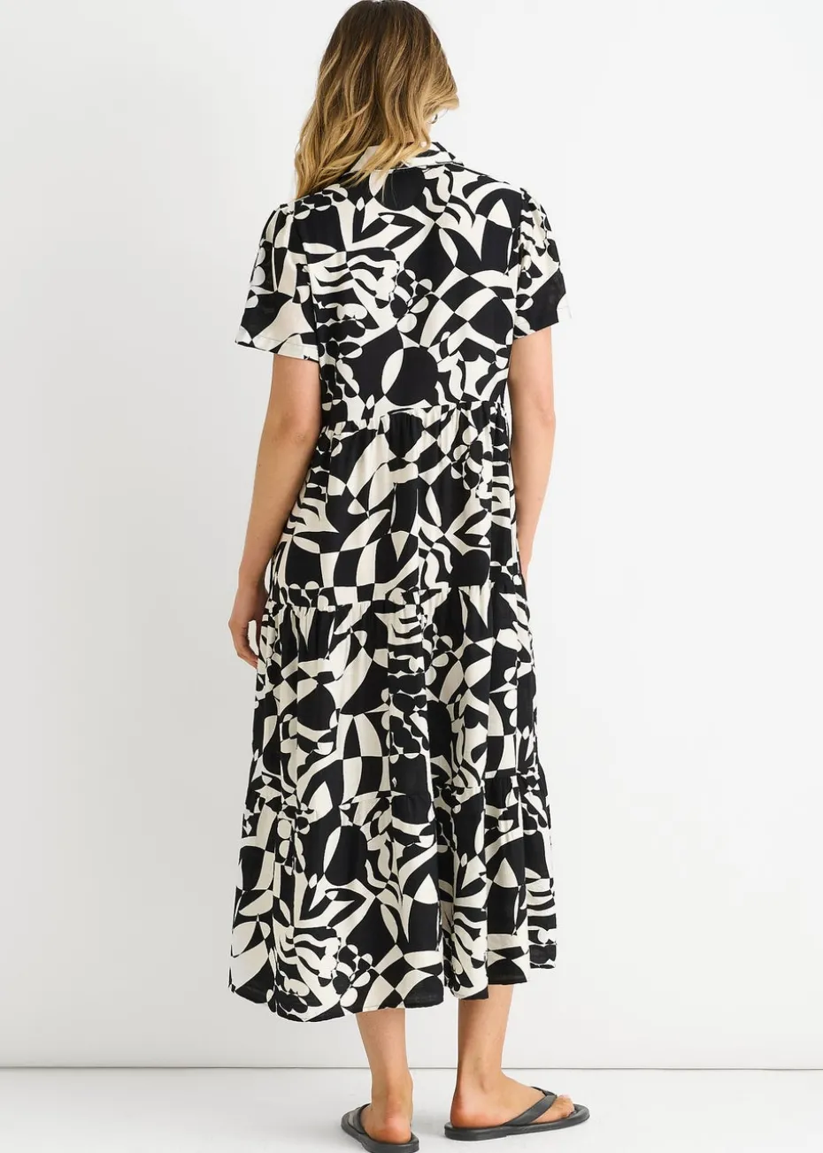 Gini London Black Aztec Print Oversized Smock Midi Dress