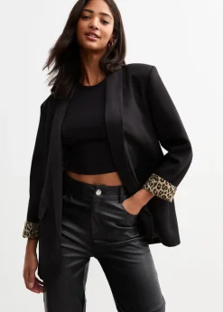 Gini London Black Contrast Animal Edge to Edge Blazer