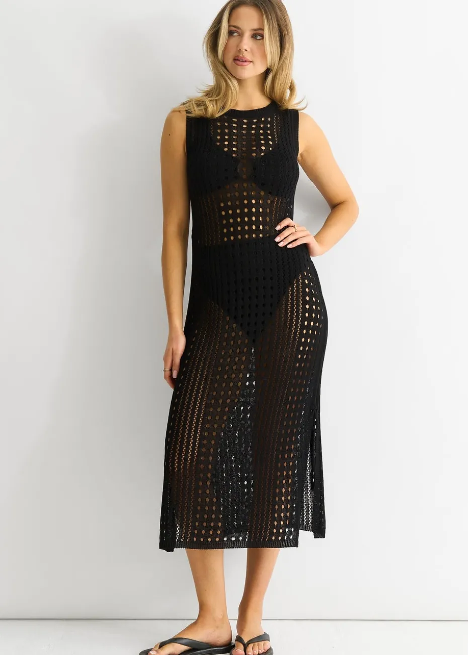 Gini London Black Crochet Knit Bodycon Midi Dress