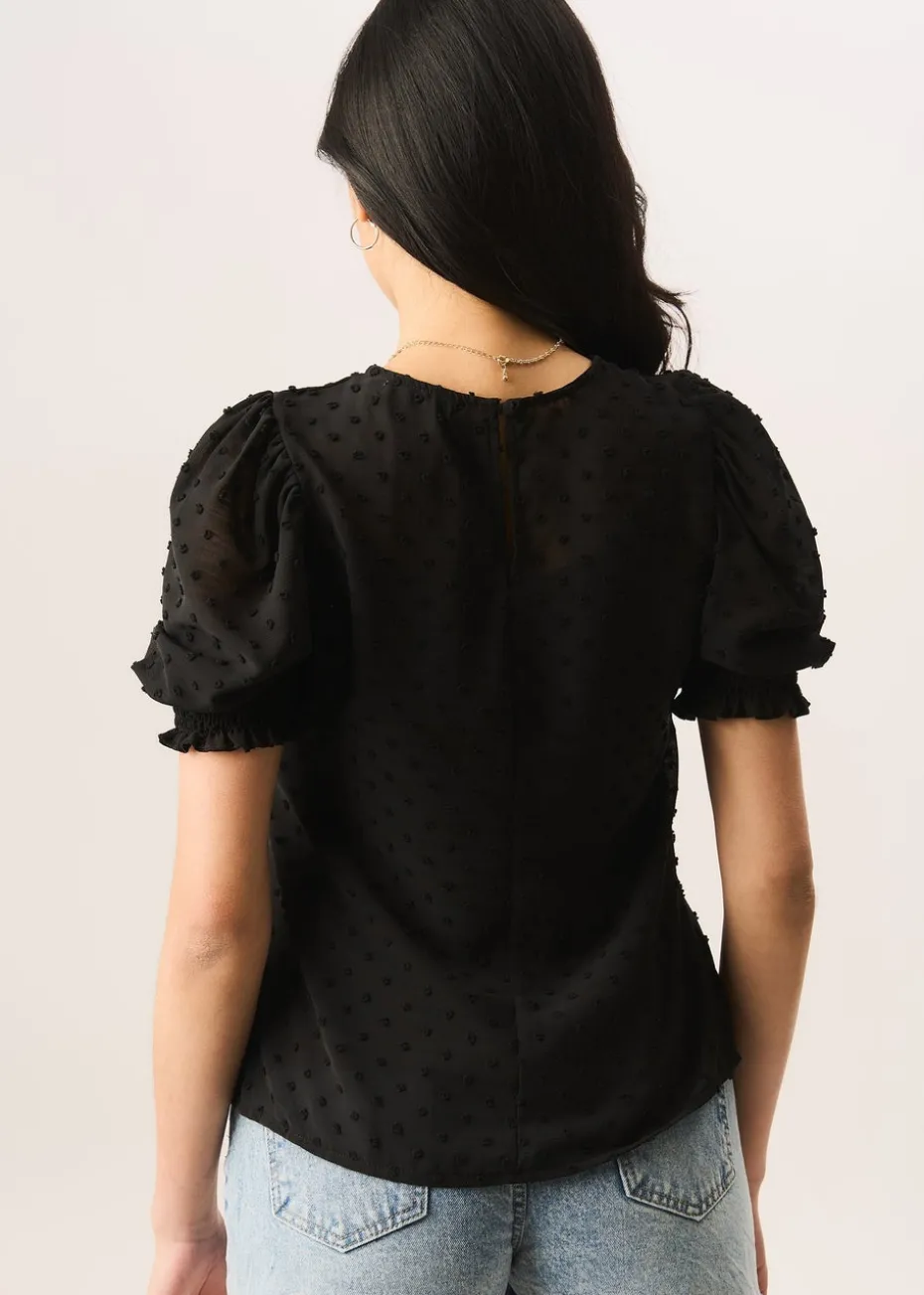 Gini London Black Dobby Chiffon Shirred Cuff Blouse
