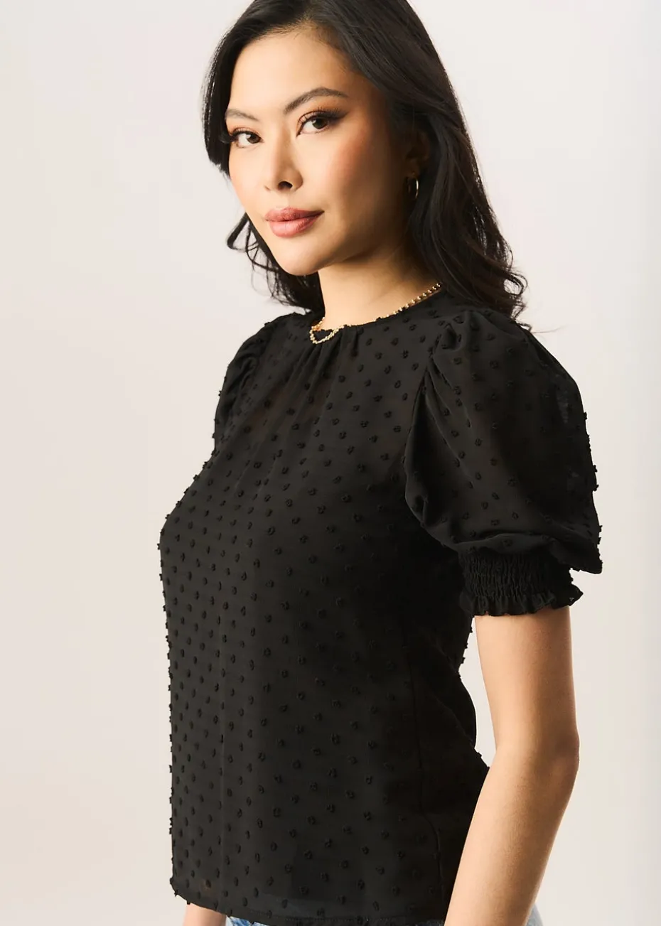 Gini London Black Dobby Chiffon Shirred Cuff Blouse