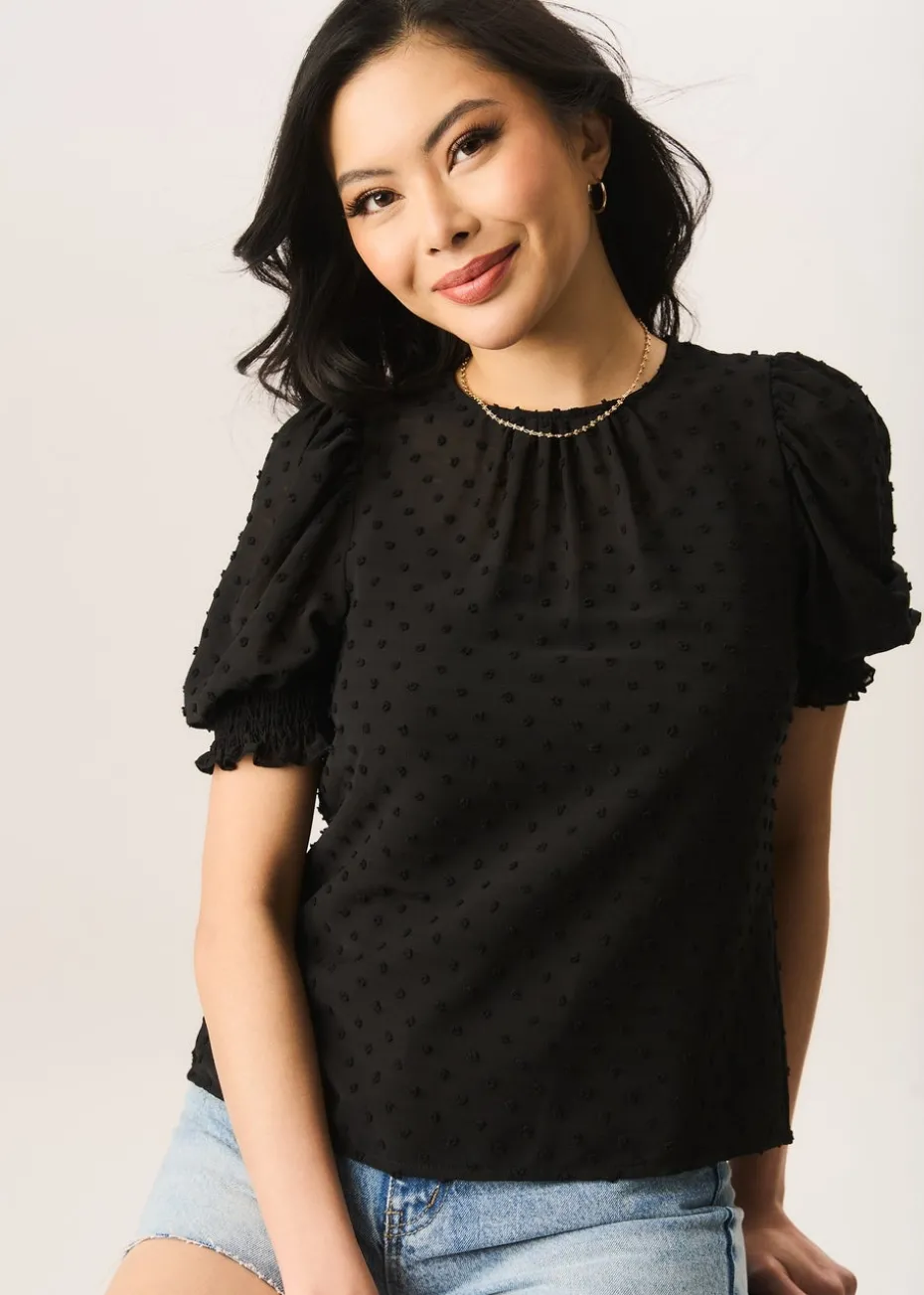 Gini London Black Dobby Chiffon Shirred Cuff Blouse