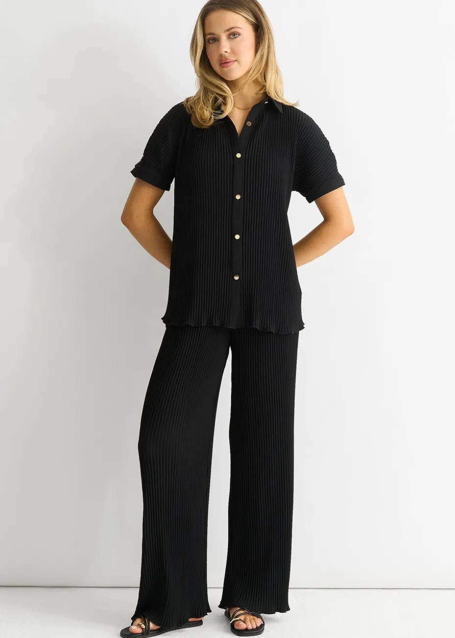 Gini London Black Plisse Loungewear Wide Leg Trousers
