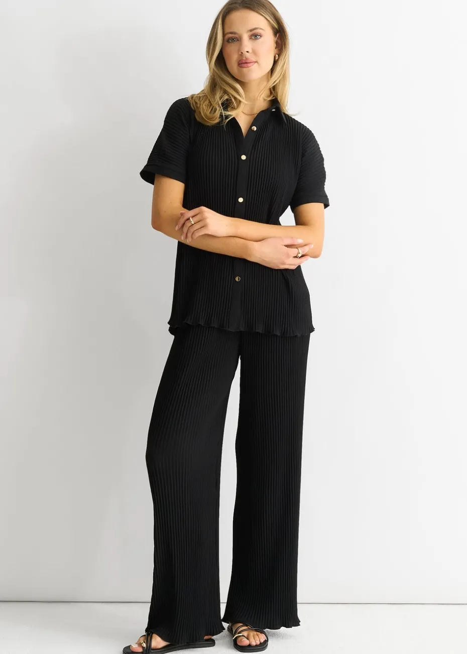 Gini London Black Plisse Loungewear Wide Leg Trousers